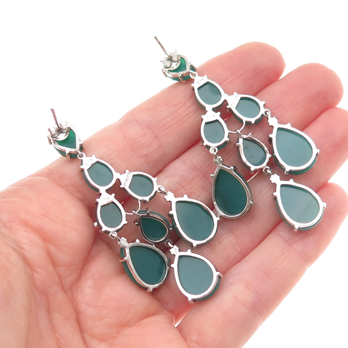 925 Sterling Silver Real Pear-Cut Green Onyx Chandelier Dangle Earrings