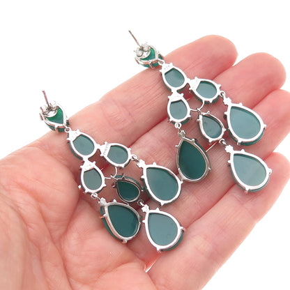925 Sterling Silver Real Pear-Cut Green Onyx Chandelier Dangle Earrings
