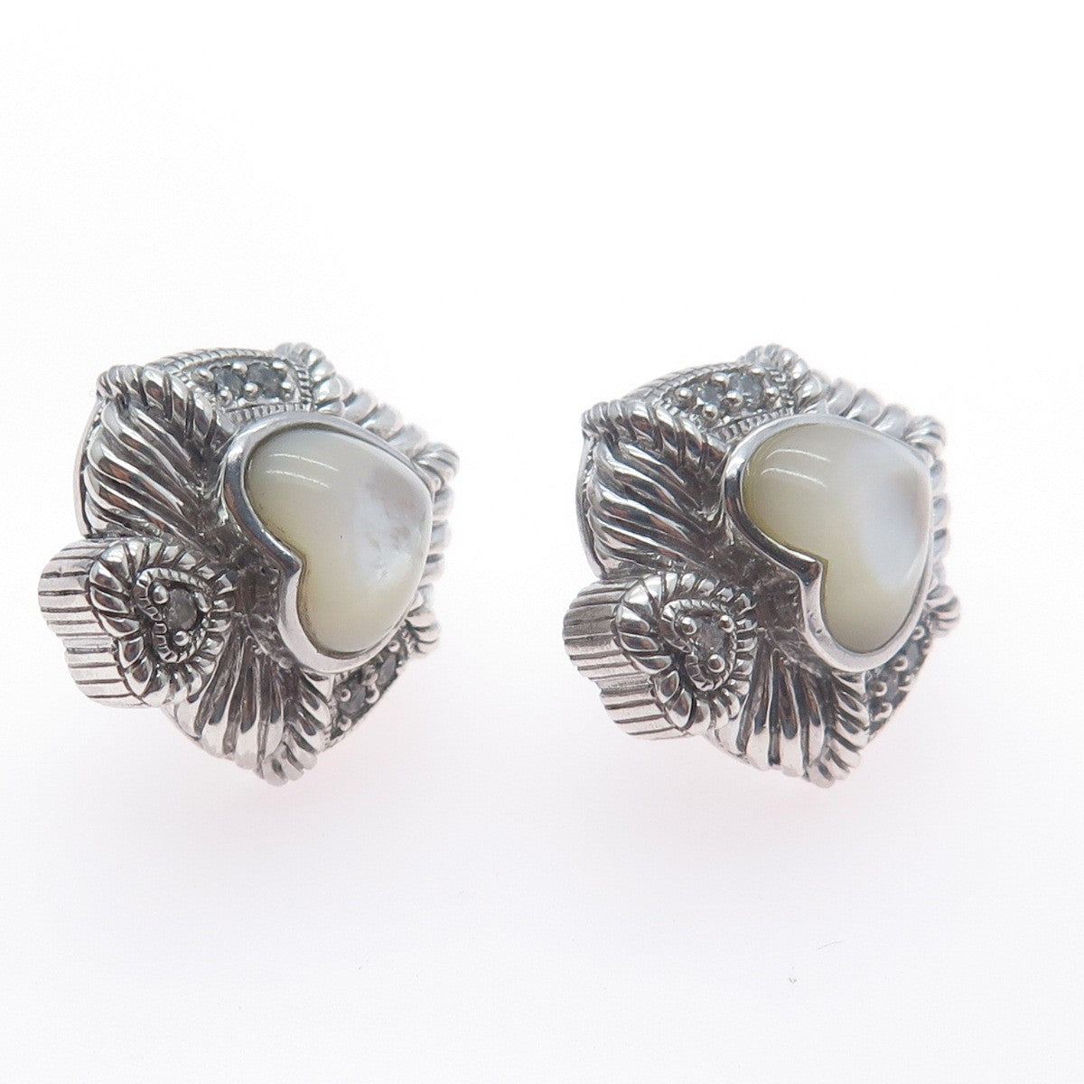 JUDITH RIPKA 925 Sterling Silver Real MOP & C Z Heart Omega Back Earrings