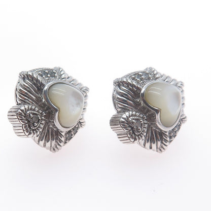 JUDITH RIPKA 925 Sterling Silver Real MOP & C Z Heart Omega Back Earrings