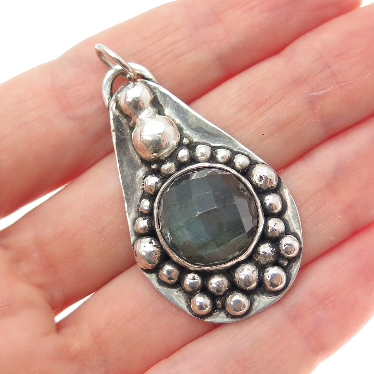 925 Sterling Silver Vintage Real Labradorite Modernist Beaded Oxidized Pendant