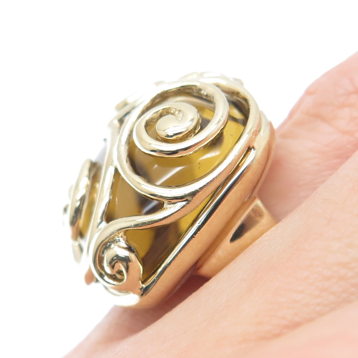 925 Sterling Silver Gold Plated Real Citrine Celtic Swirl Dome Ring Size 5.25