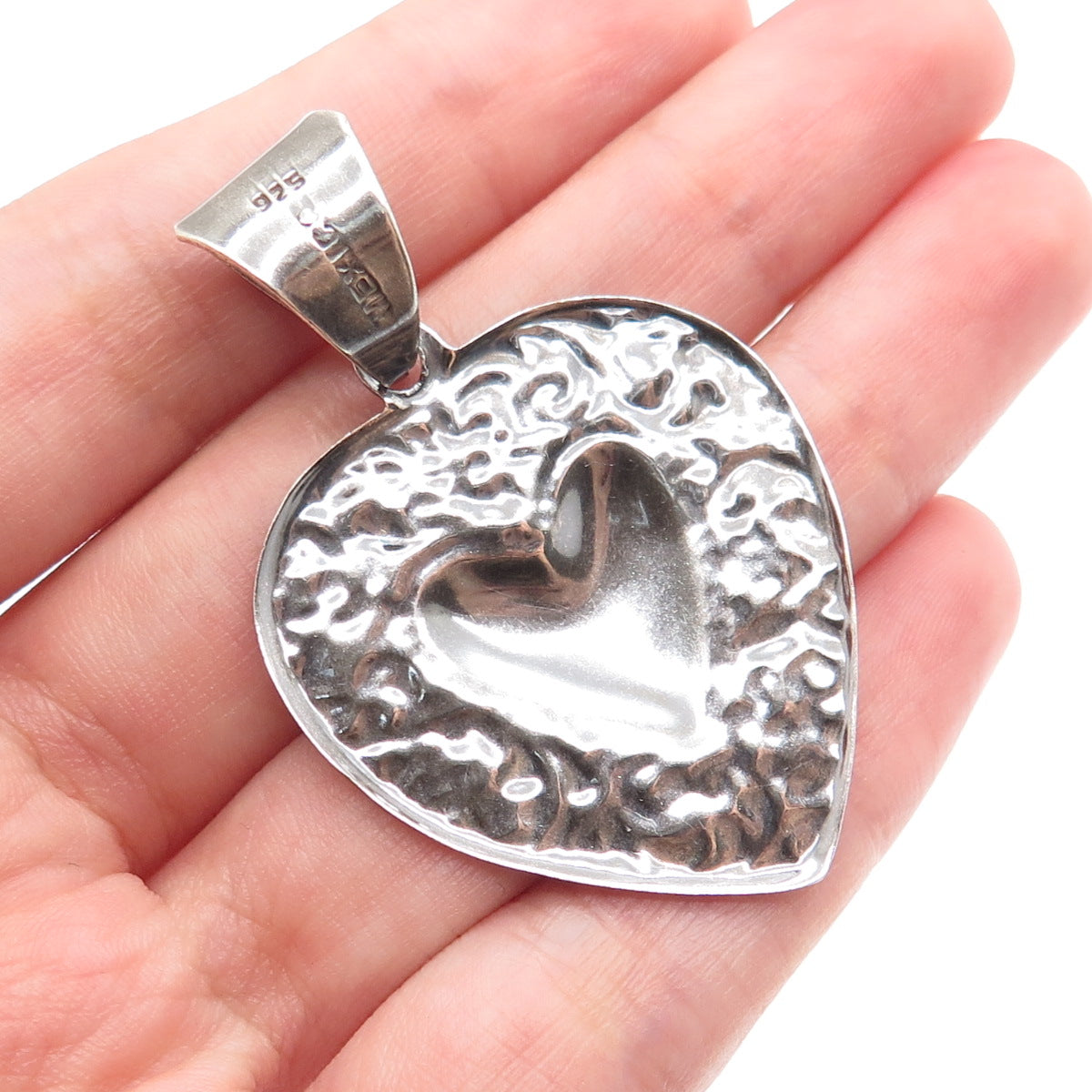925 Sterling Silver Vintage Mexico Repousse Heart Oxidized Pendant