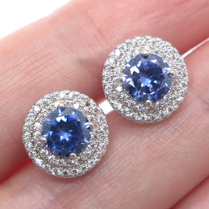925 Sterling Silver Round-Cut Blue & White C Z Stud Earrings