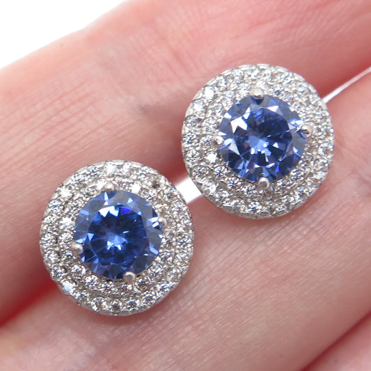 925 Sterling Silver Round-Cut Blue & White C Z Stud Earrings