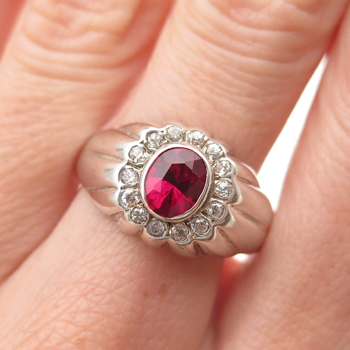 925 Sterling Silver Vintage Lab-Created Ruby & C Z Oxidized Ring Size 10