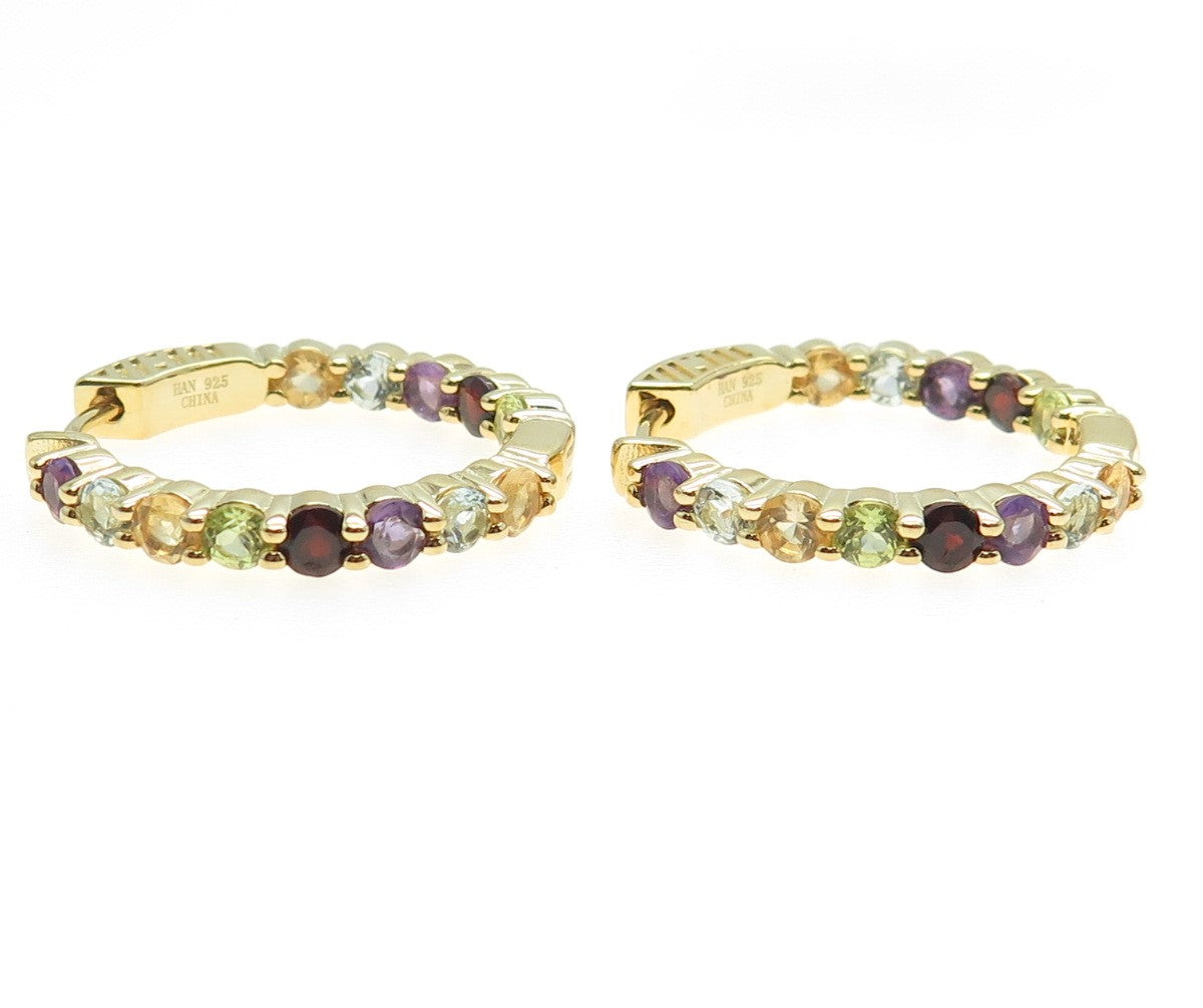 HAN 925 Sterling Silver Gold Plated Real Multi-Color Gem In & Out Hoop Earrings