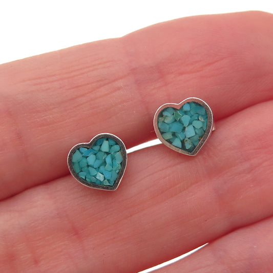 Old Pawn 925 Sterling Silver Vintage Turquoise Inlay Heart Tribal Stud Earrings