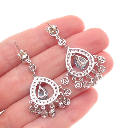 925 Sterling Silver Real Pear-Cut Blue Topaz & C Z Dangle Earrings
