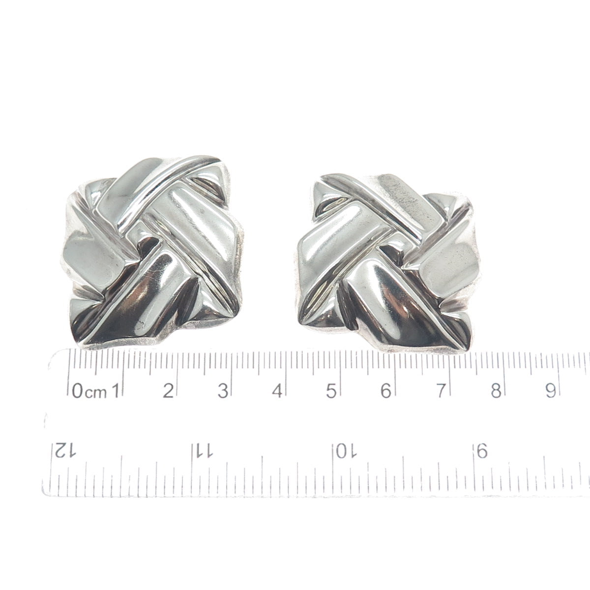 925 Sterling Silver Vintage Mexico Modernist Square Knot Clip On Earrings