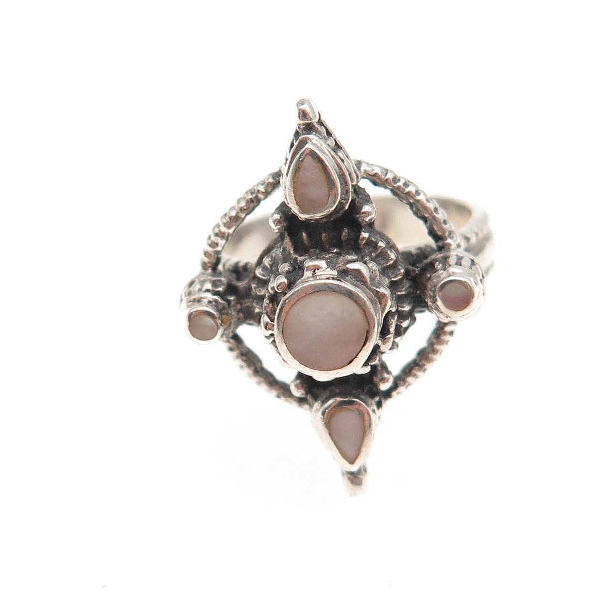 925 Sterling Silver Vintage Real Mother-of-Pearl Oxidized Ring Size 5.5