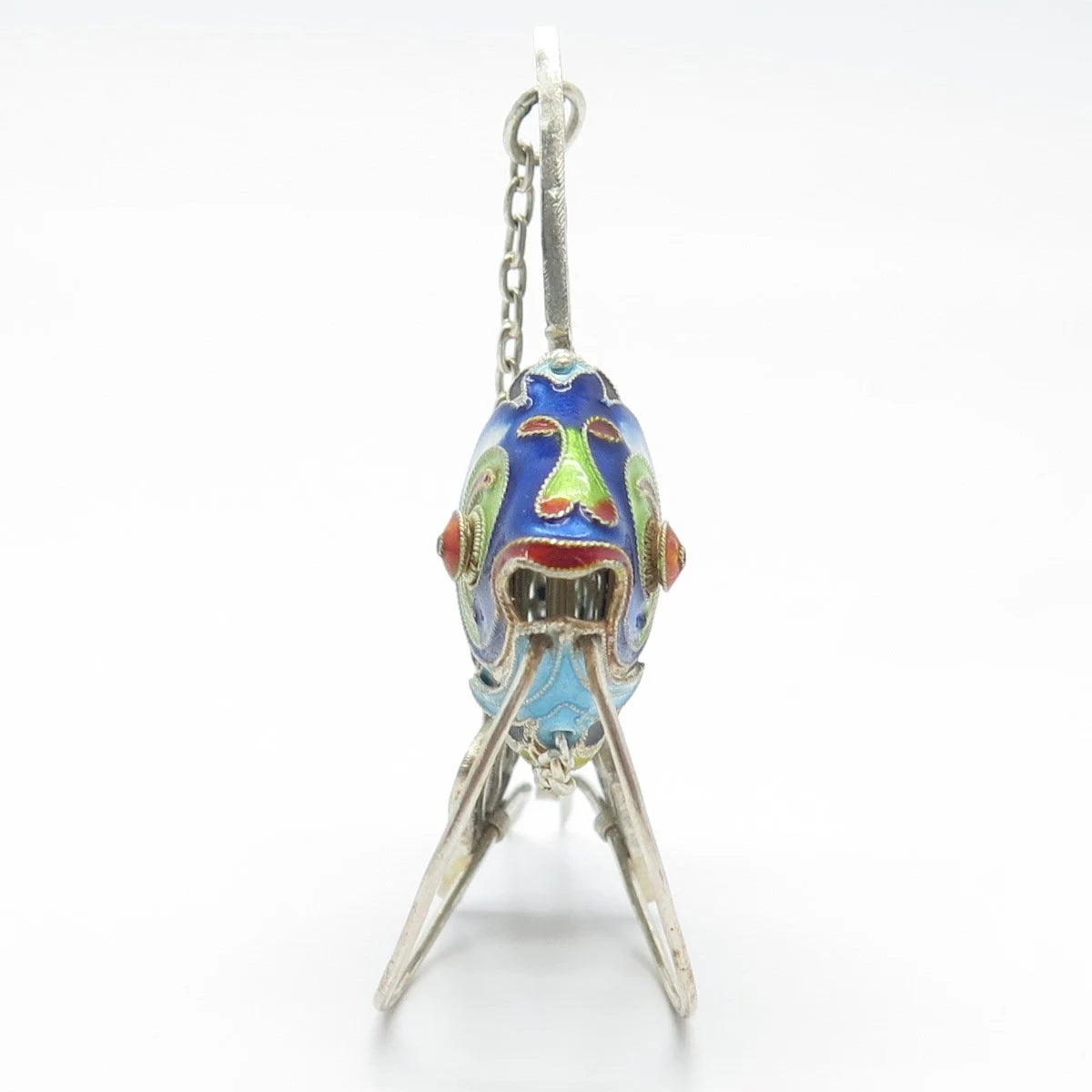 925 Sterling Silver Antique Enamel Chinese Koi Fish Articulated Chatelaine Fob