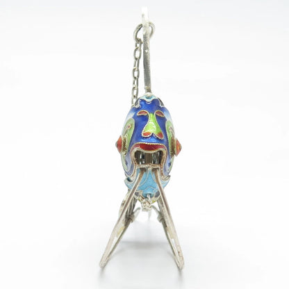 925 Sterling Silver Antique Enamel Chinese Koi Fish Articulated Chatelaine Fob