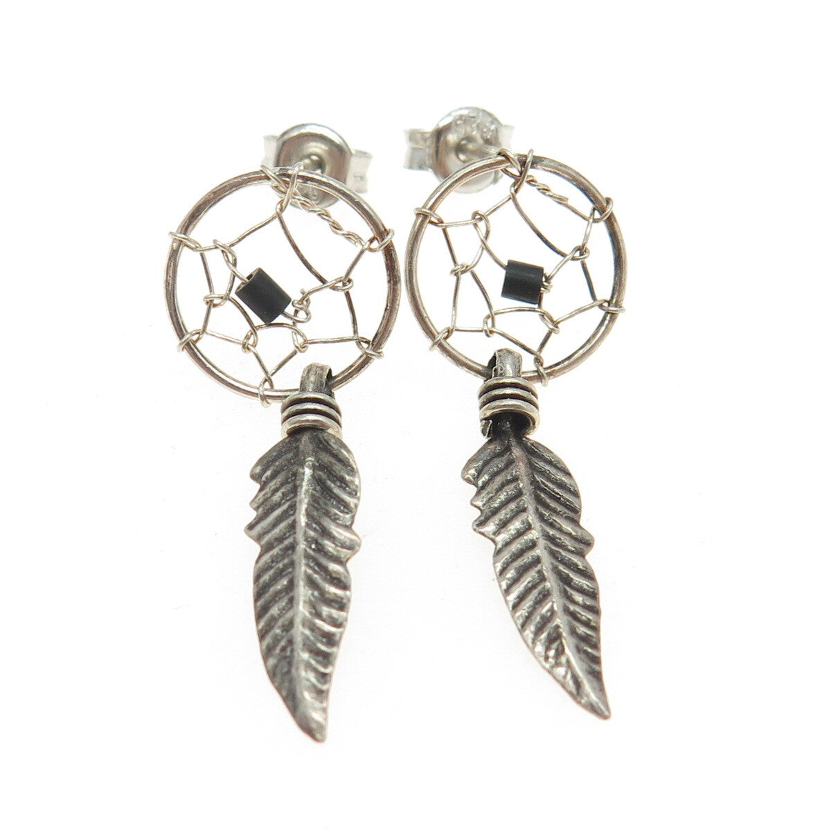 925 Sterling Silver Vintage Southwestern Real Black Onyx Dreamcatcher Earrings