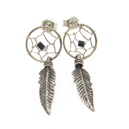 925 Sterling Silver Vintage Southwestern Real Black Onyx Dreamcatcher Earrings