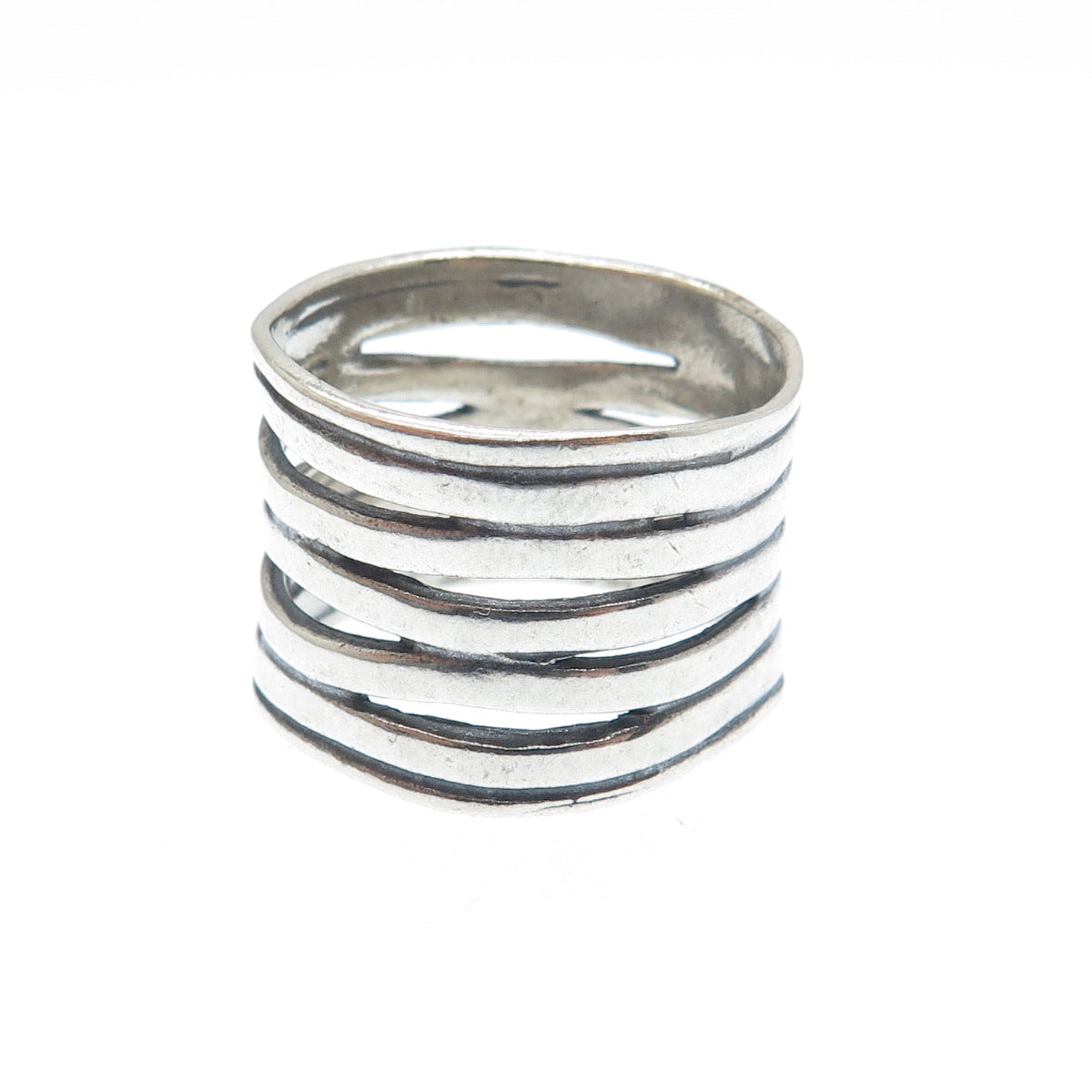 925 Sterling Silver Vintage Modernist 5-Wavy Row Oxidized Ring Size 7.25