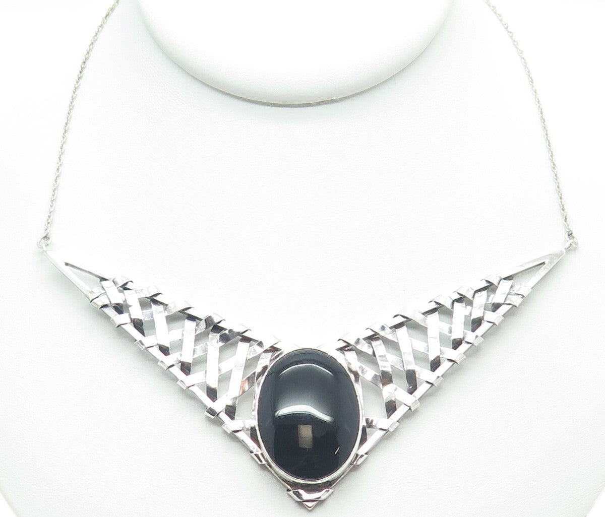 925 Sterling Silver Vintage Real Black Onyx Modernist Woven Chain Necklace 18"