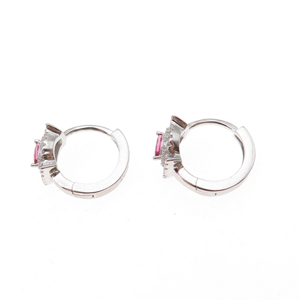 925 Sterling Silver Pink & White C Z Hoop Earrings
