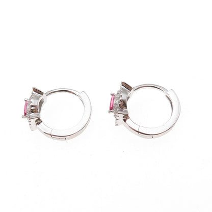 925 Sterling Silver Pink & White C Z Hoop Earrings