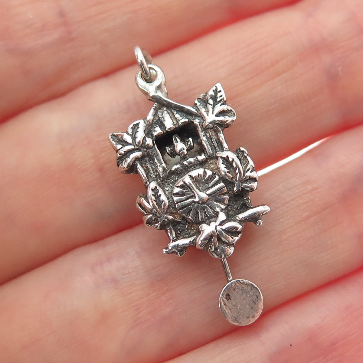 800 Silver Antique SP Cuckoo Clock Oxidized Minimalist Movable Charm Pendant