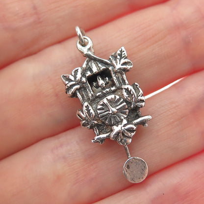 800 Silver Antique SP Cuckoo Clock Oxidized Minimalist Movable Charm Pendant