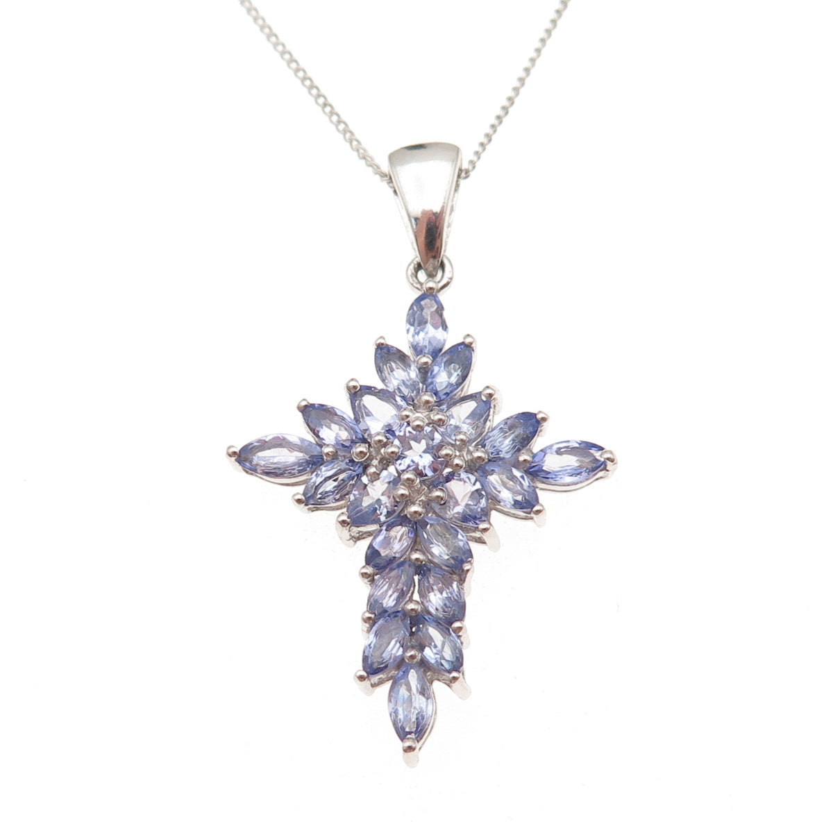 Chuck Clemency 925 Sterling Silver Real Tanzanite Cross Cuban Chain Necklace 20"