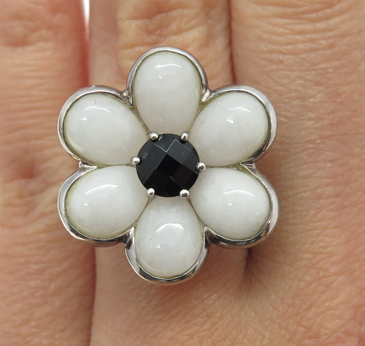 GSJ Gold Stone 925 Sterling Silver Vintage Jade Black Spinel Floral Ring Size 6