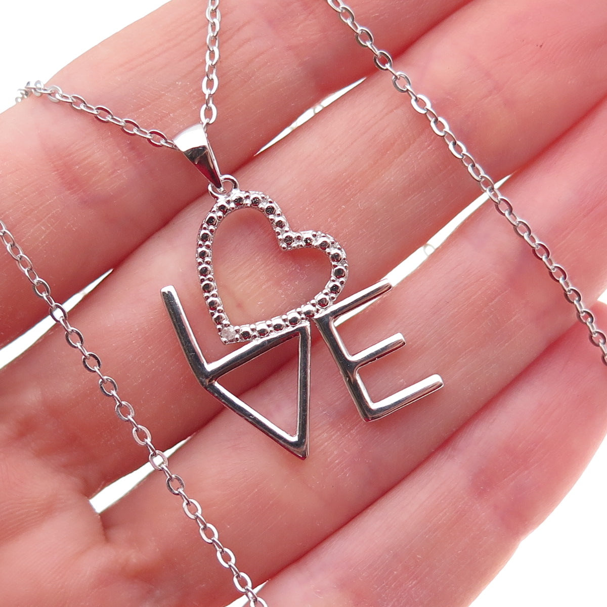 Han 925 Sterling Silver Real Diamond Accent Love Cable Chain Necklace 18"