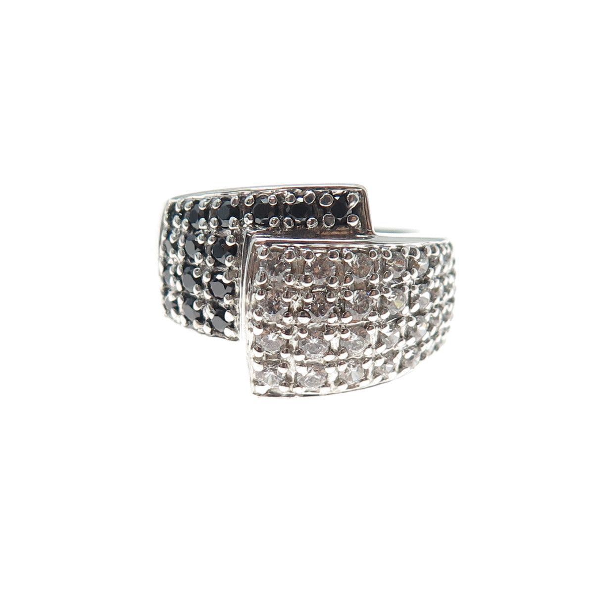 ROSS SIMONS 925 Sterling Silver Real Black Spinel & C Z Overlap Ring Size 8.25