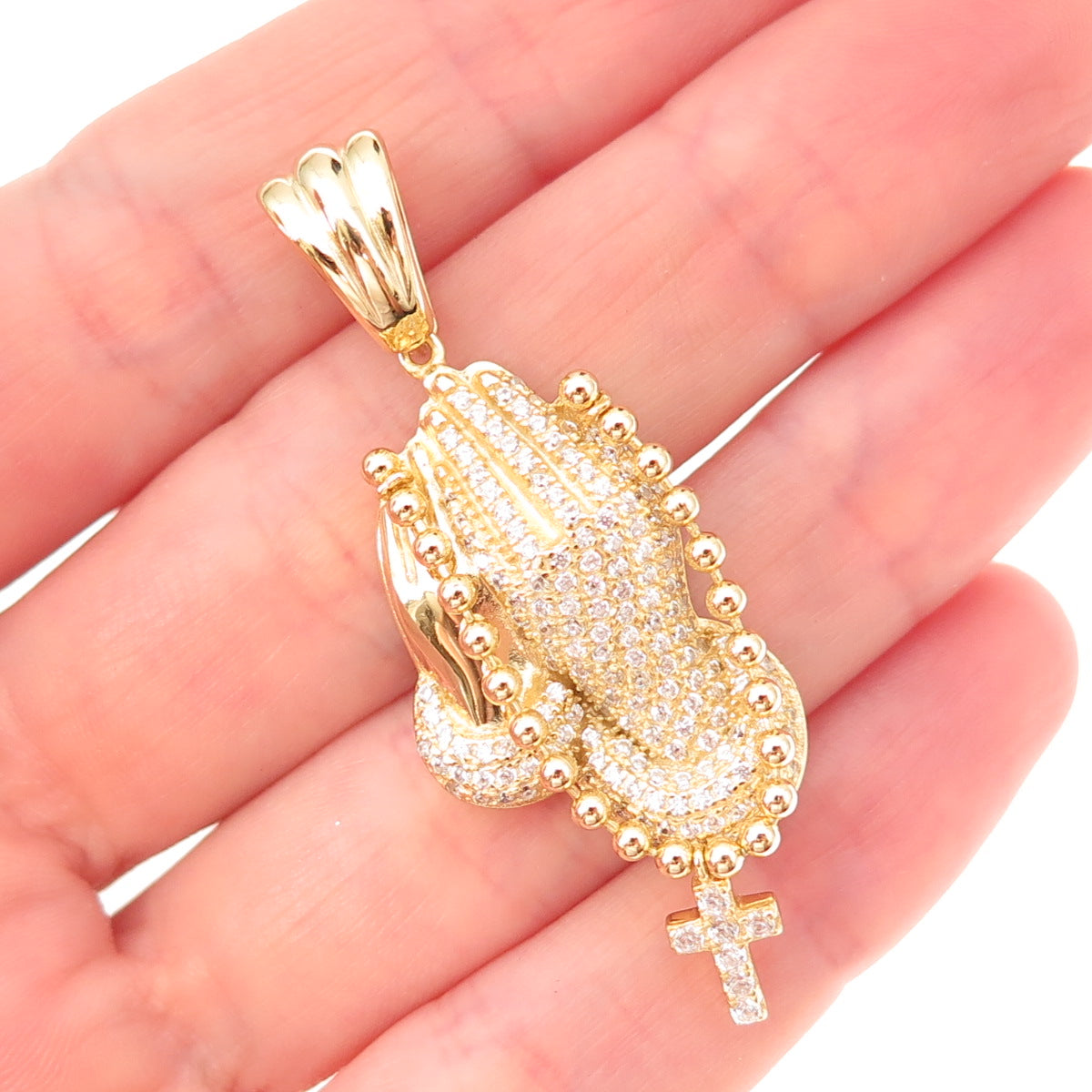 925 Sterling Silver Gold Plated Round-Cut C Z Prayer Hands Rosary Chain Pendant