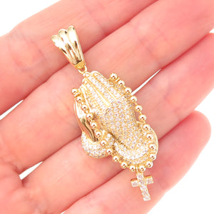 925 Sterling Silver Gold Plated Round-Cut C Z Prayer Hands Rosary Chain Pendant
