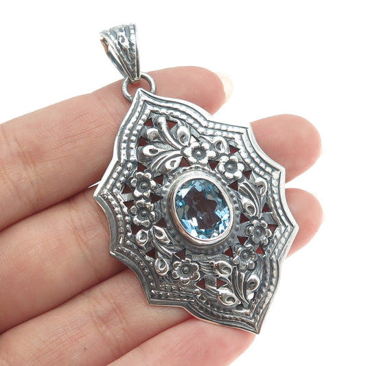 925 Sterling Silver Vintage Real Blue Topaz Floral Blossom Oxidized Pendant