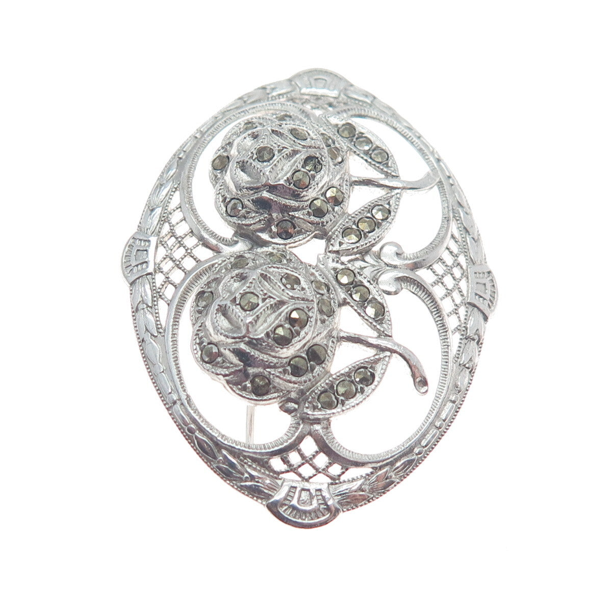 925 Sterling Silver Antique Art Deco Marcasite Gem Couple of Roses Pin Brooch