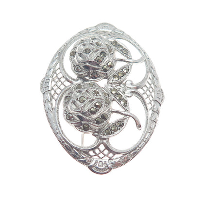 925 Sterling Silver Antique Art Deco Marcasite Gem Couple of Roses Pin Brooch