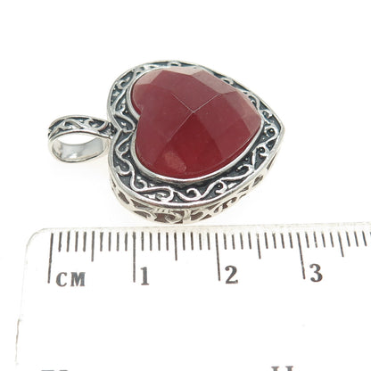 925 Sterling Silver Vintage Real Red Jade Ornate Heart Pendant