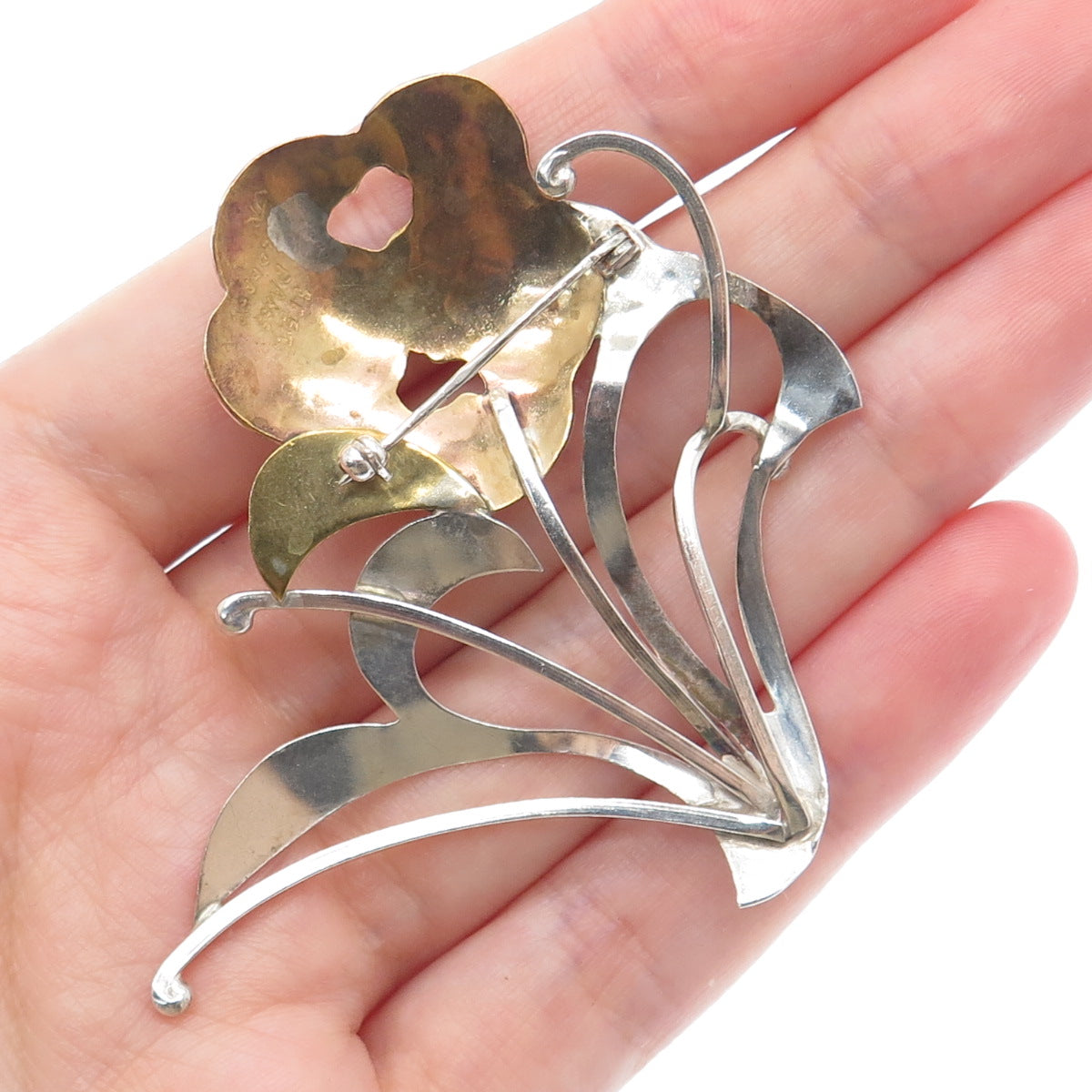 925 Sterling Silver 3-Tone Vintage JR Artisan Modernist Flower Pin Brooch
