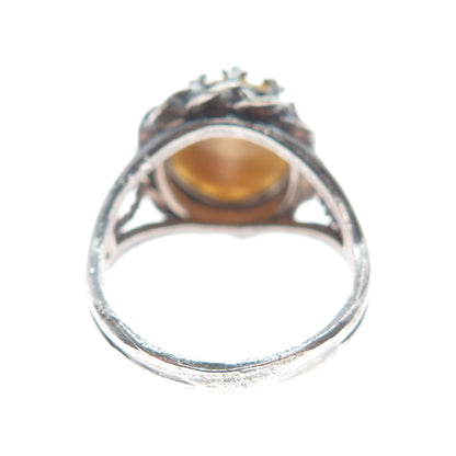 925 Sterling Silver Vintage Real Tiger Eye Crown Roped Oxidized Ring Size 6.75