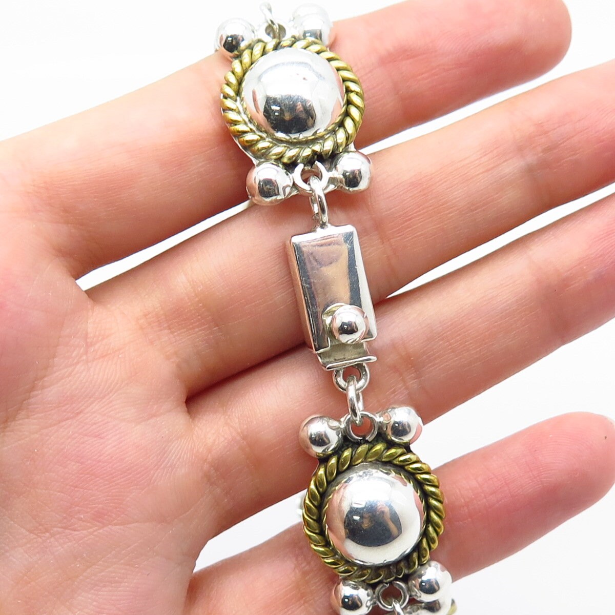 925 Sterling Silver 2-Tone Vintage Mexico Ball Link Bracelet 7.5"