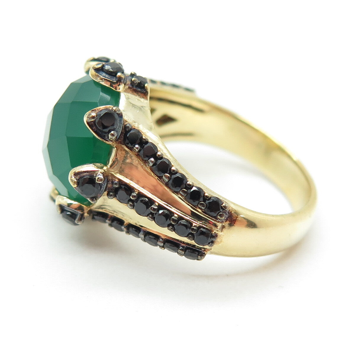 925 Sterling Silver Gold Plated Checkered Green Onyx & Black Spinel Ring Size 7