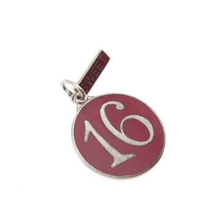 925 Sterling Silver Vintage Enamel Sweet 16 Round Tag Charm Pendant