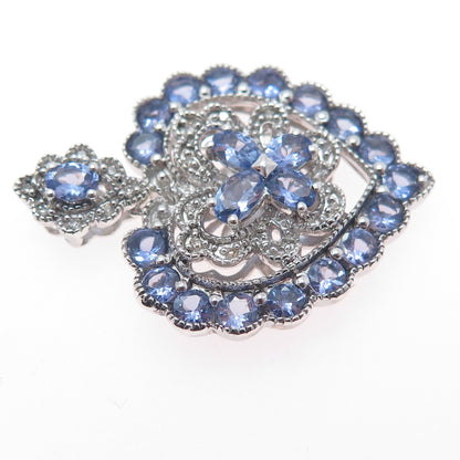 925 Sterling Silver Real Diamond & Tanzanite Heart Cluster Slide Charm Pendant
