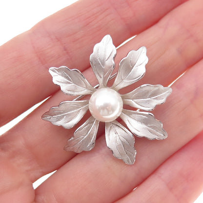 925 Sterling Silver Vintage Faux Pearl Floral Pin Brooch