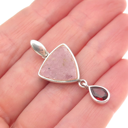 925 Sterling Silver Vintage Real Rhodonite & Red Garnet Modernist Charm Pendant