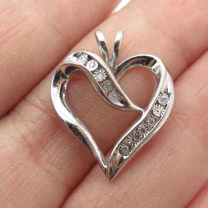 925 Sterling Silver Real Round-Cut Diamond Heart Charm Pendant