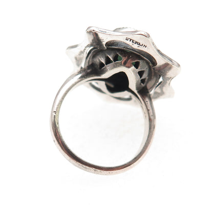 925 Sterling Silver Antique Art Deco Real Jade & Marcasite Oxidized Ring Size 6