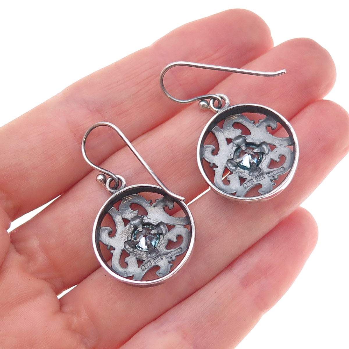 925 Sterling Silver Vintage Real Blue Topaz Floral Scroll Dangle Earrings