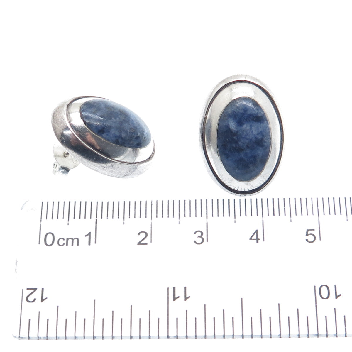 925 Sterling Silver Vintage Mexico Real Cabochon Sodalite Oxidized Earrings
