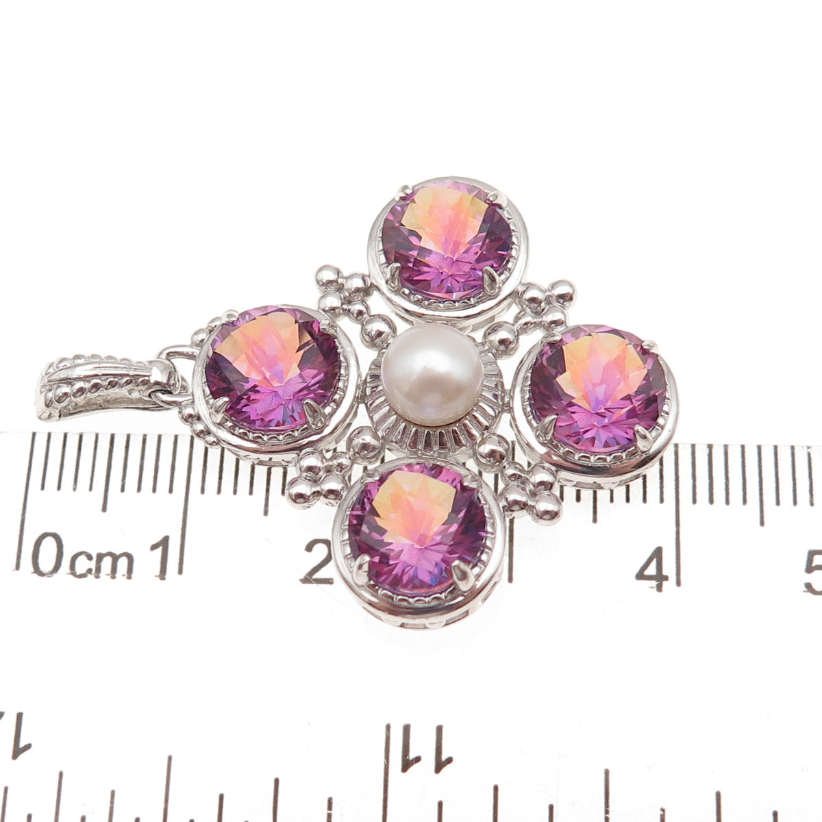 925 Sterling Silver Real Pearl & Mystic Quartz Cross Charm Pendant