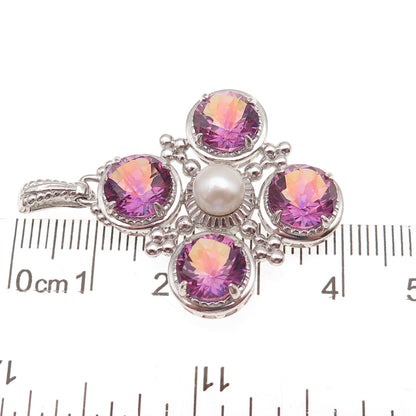 925 Sterling Silver Real Pearl & Mystic Quartz Cross Charm Pendant