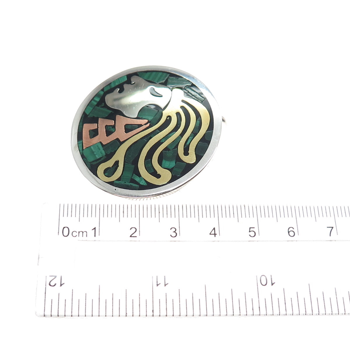 925 Sterling Silver 3-Tone Vintage Mexico Real Malachite Warrior Brooch Pendant